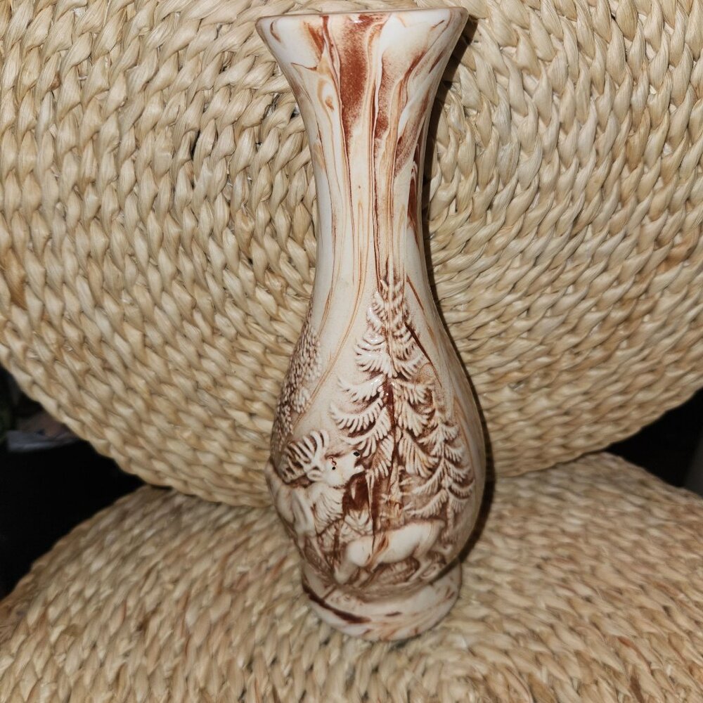Vintage Ceramic Deer & Forest Design Vase with Brown Swirl Marble Accents